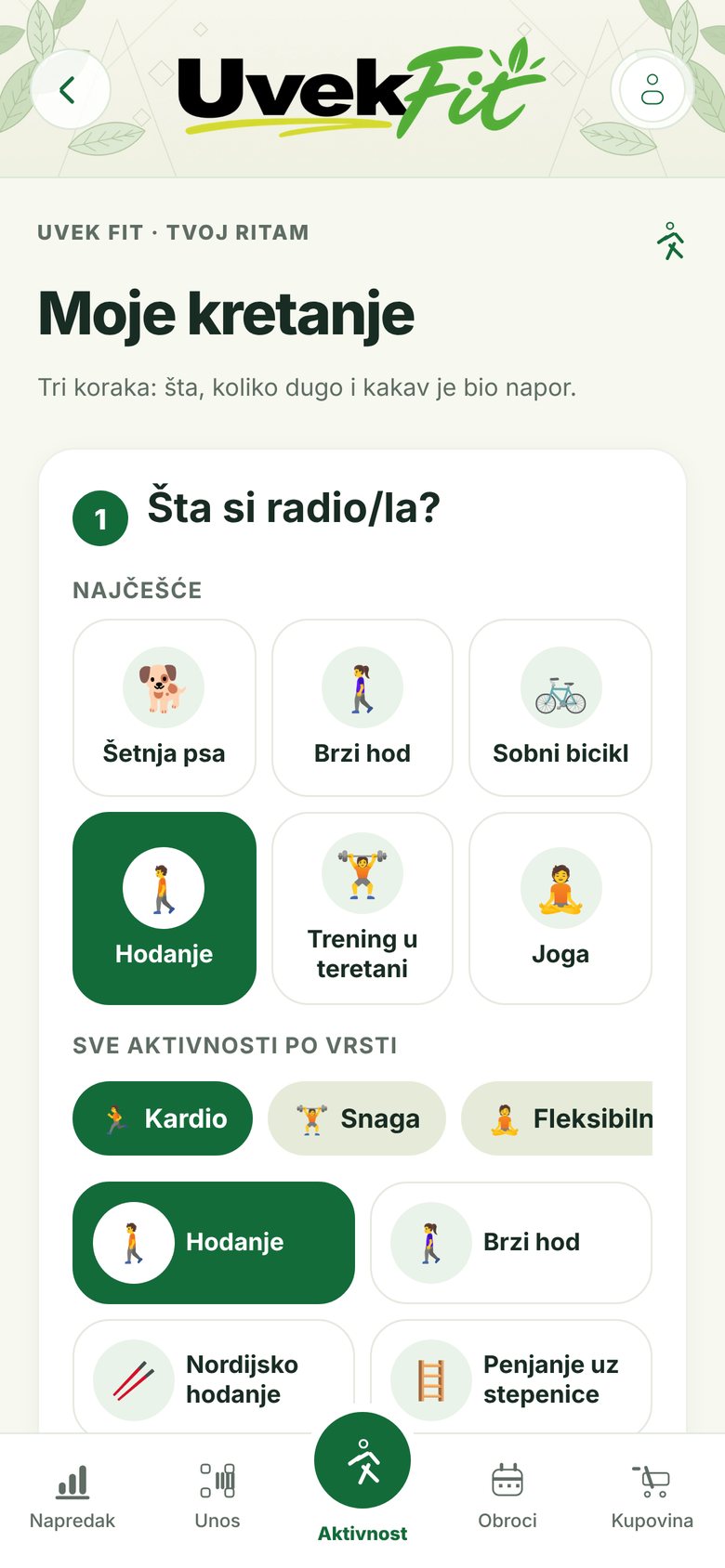 Unos vežbi i kretanja u aplikaciji Uvek fit